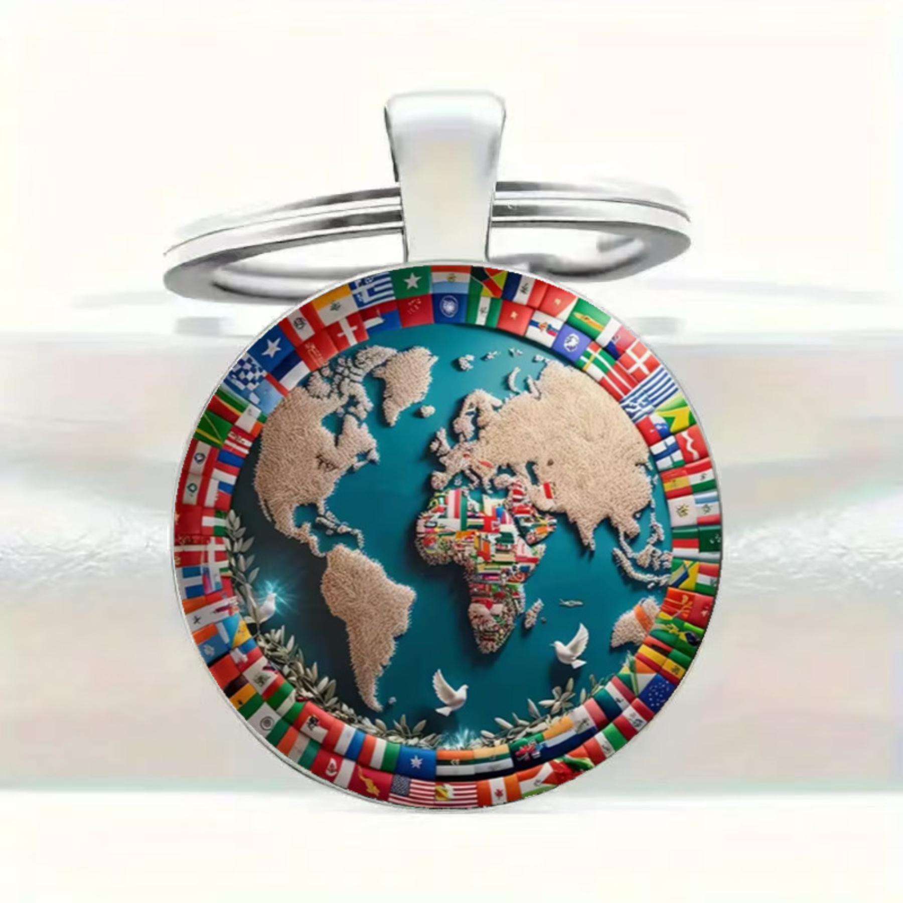 

World map pattern round glass alloy keychain One Size