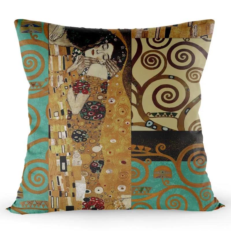 Gustav Klimt Gemälde Kissenbezug Gold Muster Druck Kissenhülle Satin 40*40 CM Zierkissenbezug Dekorativ für Zuhause