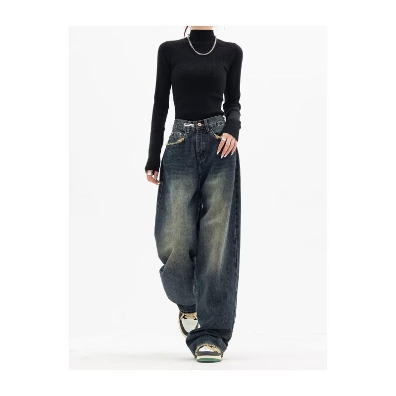 Spring and Summer New Jeans Women's High Waist Slimming and Straight Loose American Retro High Street Casual Pants Wide Leg Pants Pants