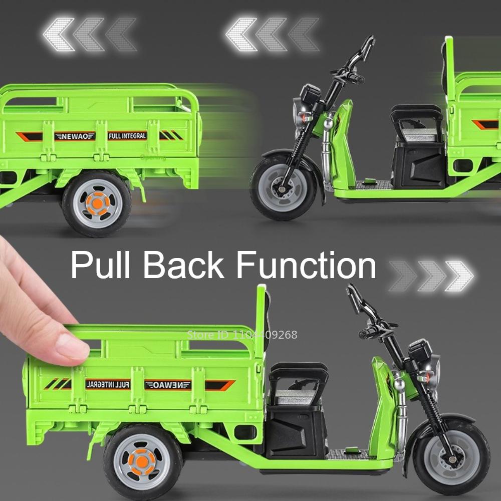 1:12 Tricycle Model Car Toy Metal Diecast Sound Light Pull Back Express Delivery Transport Vehicle Models Gifts for Boys Kids