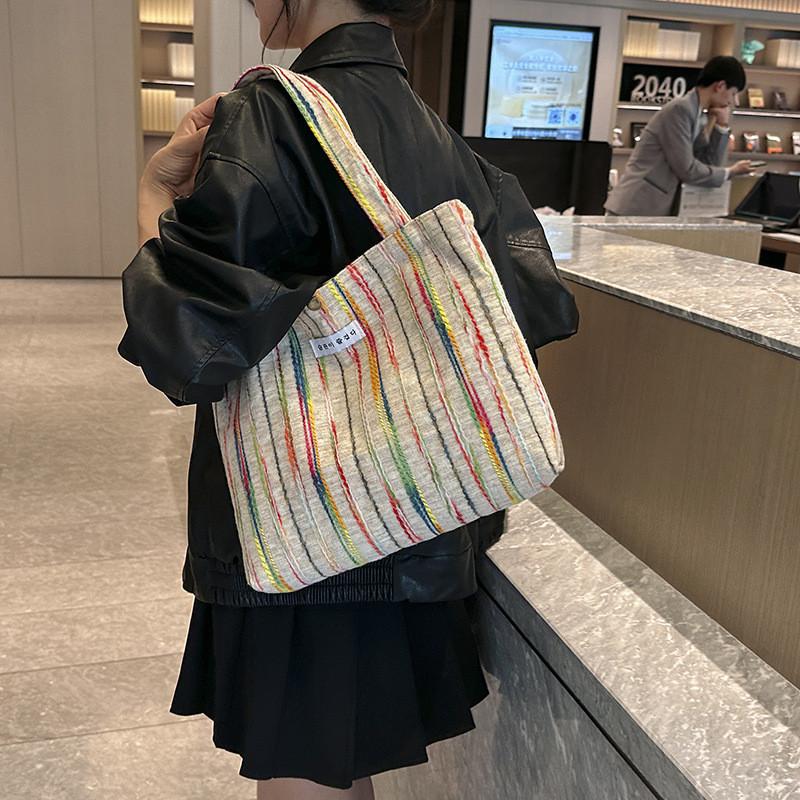Stylish Blue Pink Beige Rainbow Striped Canvas Tote Bag With Embroidery For Daily Use