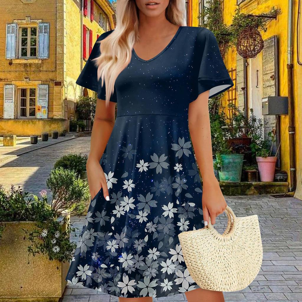 Women Summer Dress Casual Swing Floral Ruffle Short Sleeve Sundresses Beach  A-line  Dress  With Pockets
