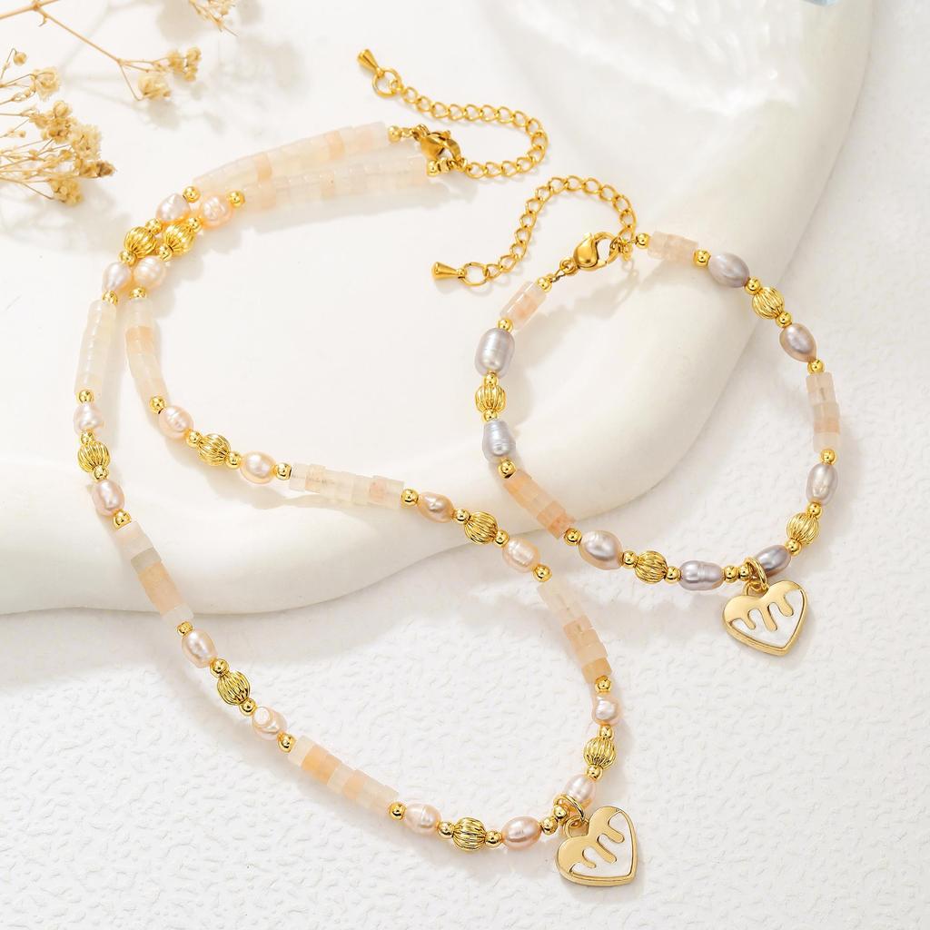 Champagne Freshwater Pearl Necklace & Bracelet Set with Heart Pendant and Crystal Accents, Autumn 2025 Collection