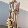 Spring Summer Solid Color Cotton Linen Two Piece Set Women Fashion Casual Sleeveless Tops Loose Wide Legs Pants Ladies Sets