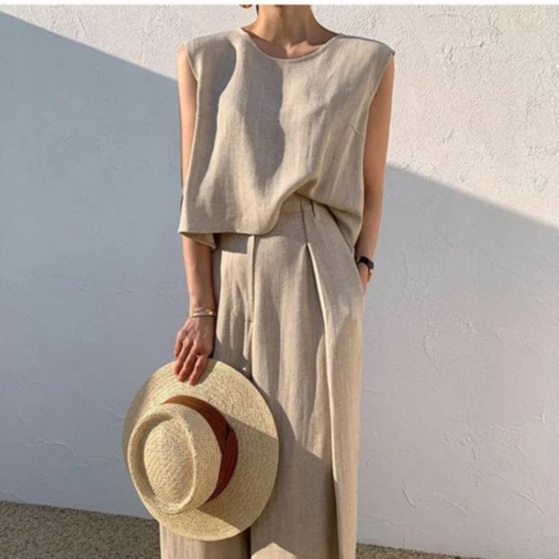 Spring Summer Solid Color Cotton Linen Two Piece Set Women Fashion Casual Sleeveless Tops Loose Wide Legs Pants Ladies Sets