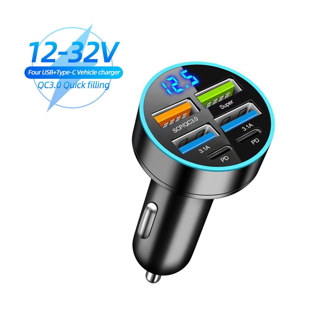 Автомобильное зарядное устройство с 6 портами USB 4 USB + 2 PD Быстрая зарядка PD QC3.0 Автомобильное зарядное устройство USB C для телефона Адаптер типа C для iPhone Samsung Huawei с дисплеем напряжения