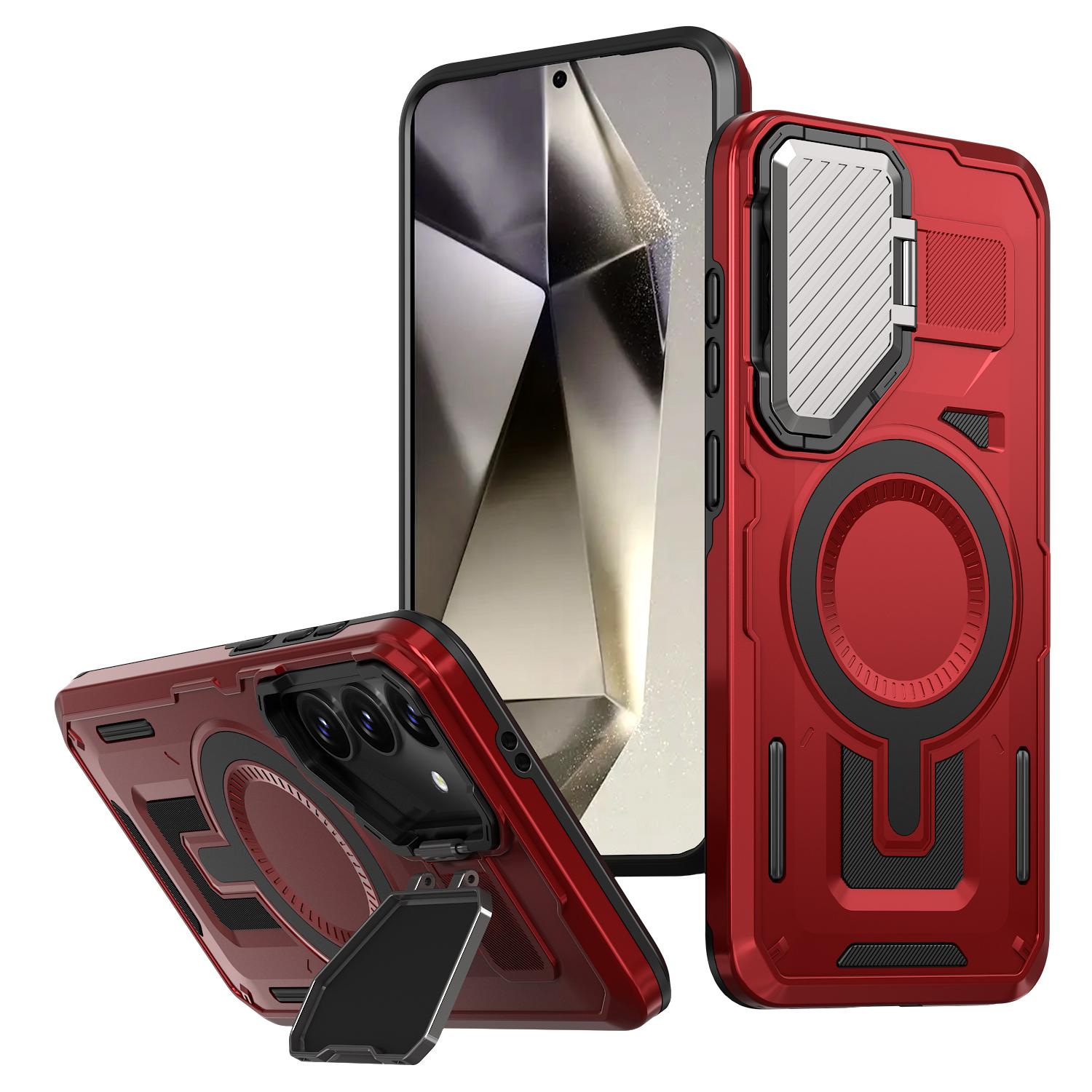 

For Samsung Galaxy S25+/S24+ Case Compatible with MagSafe Lens Lid Kickstand PC+TPU Back Cover Red