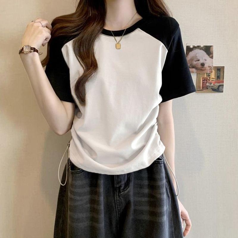 Summer Drawstring Slim-Fit Crop Top Women – Short Sleeve Design Tee, Waist-Cinched Raglan Shoulder Shirt S белый