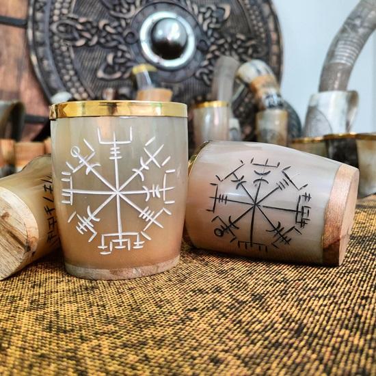 Set of 6 Viking Horn Glasses with Gold Rim Small Beer Whiskey Cups Vegvisir Symbol Drinkware Handmade Gift