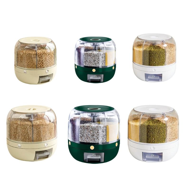 Household Grains Storage Container with 6 Unit Convenient Dry Cereal Organizers Bucket Sealed Rotating Rice Dispenser
