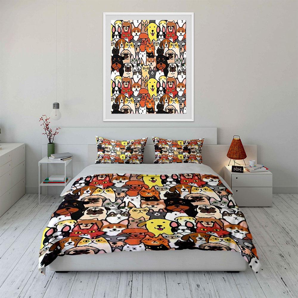 Cute Cartoon Pets Pattern Bedding Duvet Cover Set Duvet Cover Pillowcases (1*Duvet Cover 2*Pillowcases, without duvet insert)