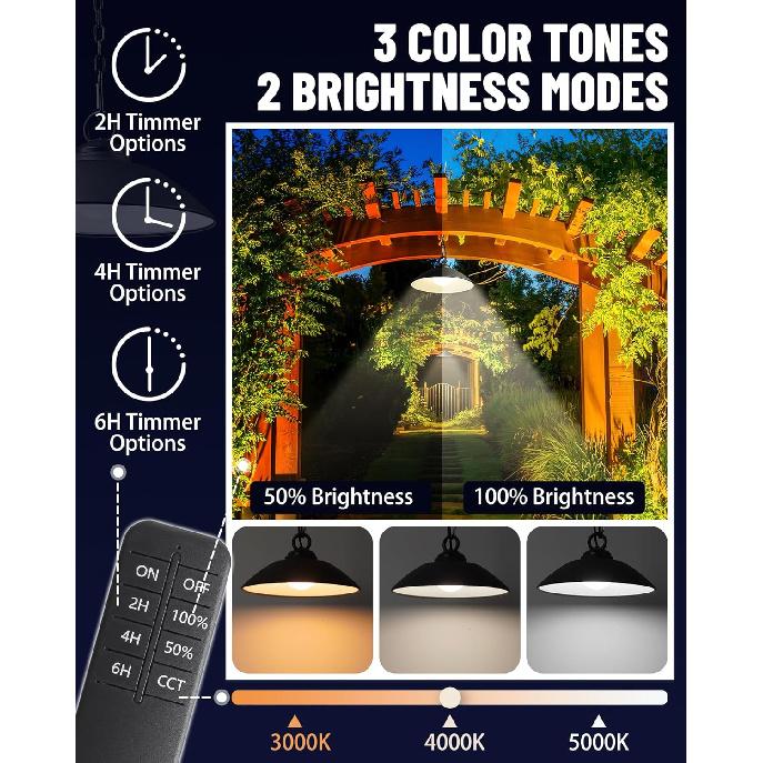 Solar Pendant Lights with Remote Control, 3 Color 2 Brightness Mode Timer 8 inch Outdoor Hanging Shed Gazebo Chandelier Lamp Chicken Coop Barn Porch
