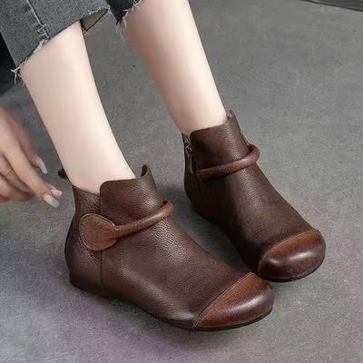Mode Retro Damen Kurze Stiefeletten Herbst Winter Faux Rindsleder Slipper Schuhe Handgefertigt Runde Zehen Leichte Flache Stiefeletten