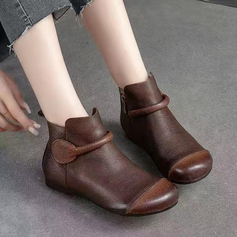 Fashion Retro Women Short Ankle Boots Autumn Winter Faux Cow Leather Slip-on Shoes Handmade Round Toe Light Weight Flat Booties