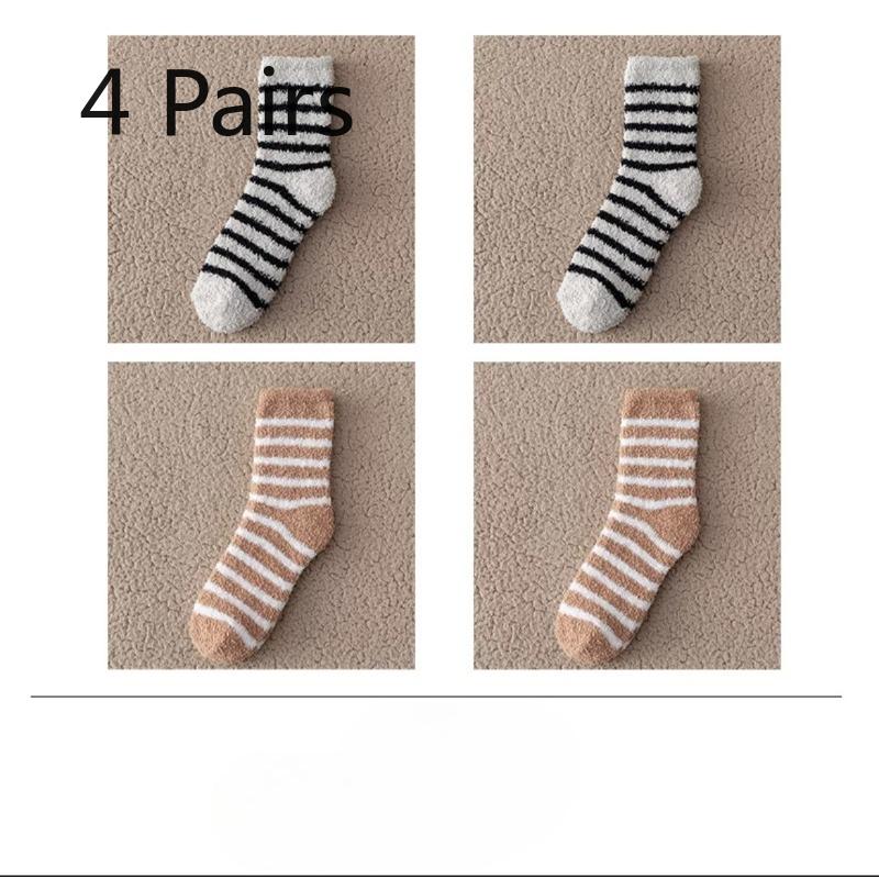 4 Pairs of Winter Coral Fleece Sleeping Floor Socks for Warm Feet and Home Men, Thickened, Warm and Cold-proof Mid-calf Striped