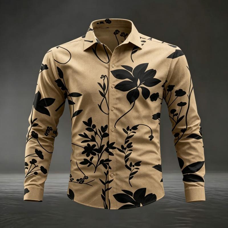 Herren Floral Leaf Print Langarmhemd Mode Slim Fit Button-Down Lässige Blusen Tops