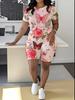 Leopard Print Splicing Women's Casual Suit Short-sleeved Shorts 1D Digital Flower Printing Fashion T-shirt Set