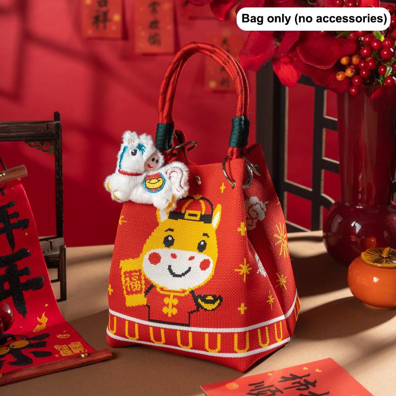 New 2026 Horse Year Cartoon Mascot Pony Knitted Bucket Bag For Women Fashion Large Capacity Portable Handbag New Year Gift