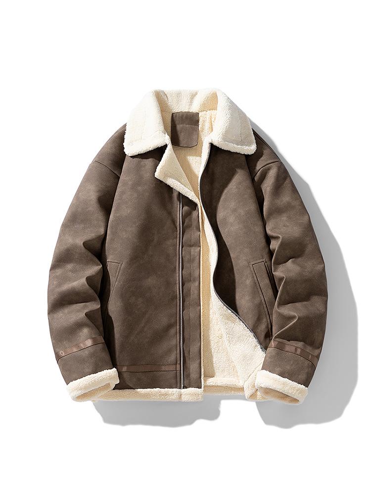 American Retro Leather Jacket with Velvet Lining - Warm Winter Lapel Zipper Coat
