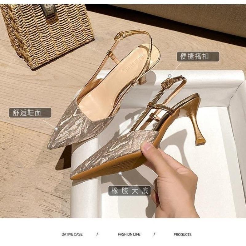 Fashion Summer Pointed Toe Women's Shallow Mouth High Heels French Versatile Stiletto Wrapped Head One Buckle Strap Fashion Sandals
