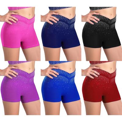 Girls Sparkly Rhinestones Shorts V Front Elastic Waistband Figure Skating Dance Gymnastics Acrobatics