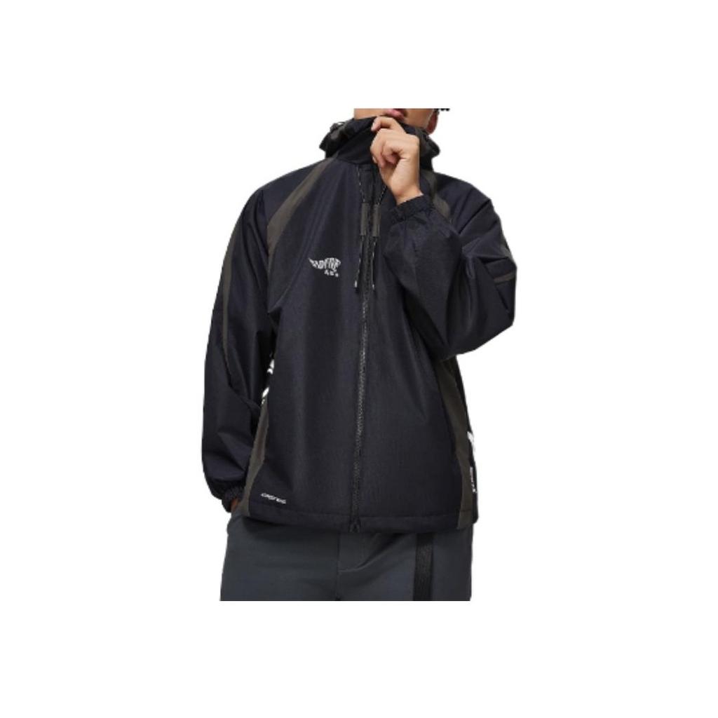 Li Ning Badfive Spliced Letter Zipper Hooded Windbreaker Men Outerwear Black AFDU067-4
