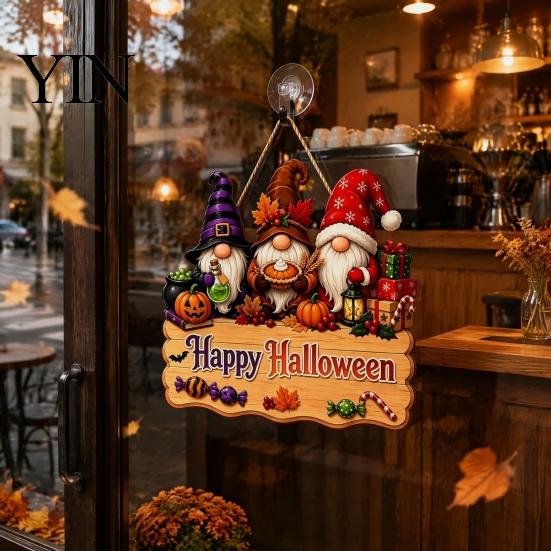 Decorative Wood Board Halloween Wooden Hanging Sign, Happy Door Sign with Gnomes/Ghosts, Retro Ornament for Shop Autumn Harvest Festival Wall