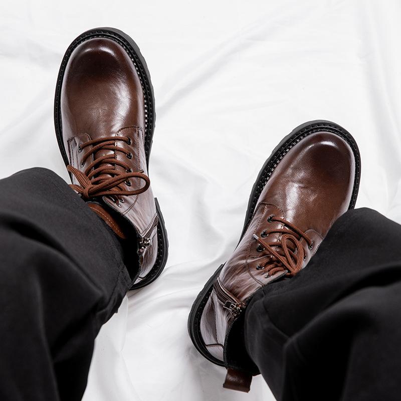 Martin boots men's leather British style tooling boots trendy autumn and winter new high-top velvet leather boots thick-soled thermal cotton