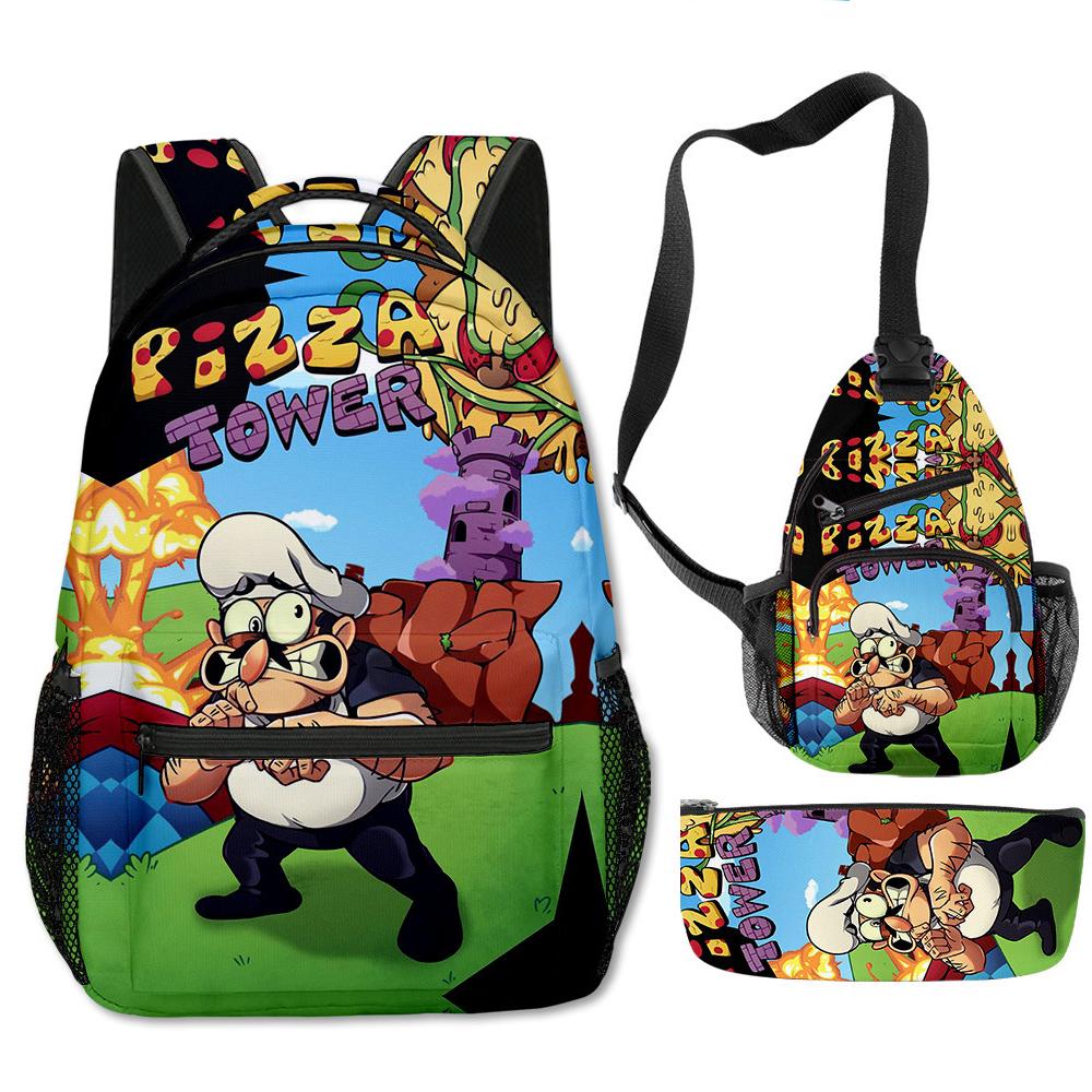 Klassisch Neuheit Eigenartig Cool Pizza Turm 3D Druck 3er Set Schultaschen Multifunktionale Reise Rucksack Brusttasche Federmäppchen