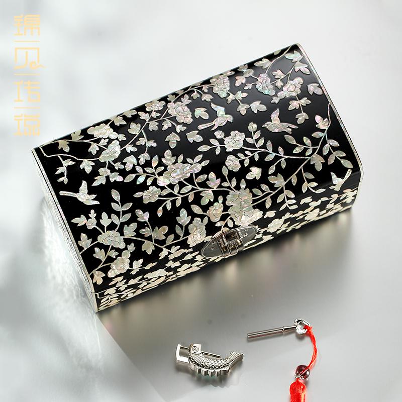 Lacquer Inlaid Lockable Jewelry Box Wedding Birthday Gift Handmade Storage for Necklace Earring Bracelet