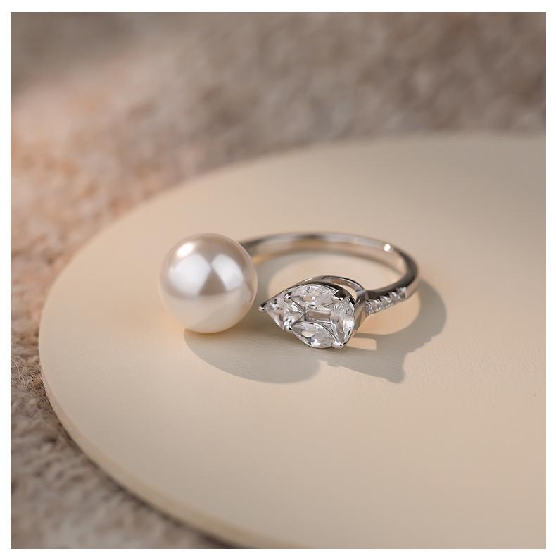 French Retro Pearl Zircon 999 Sterling Silver Adjustable Ring for Women Temperament Wedding Party Jewelry Accessories