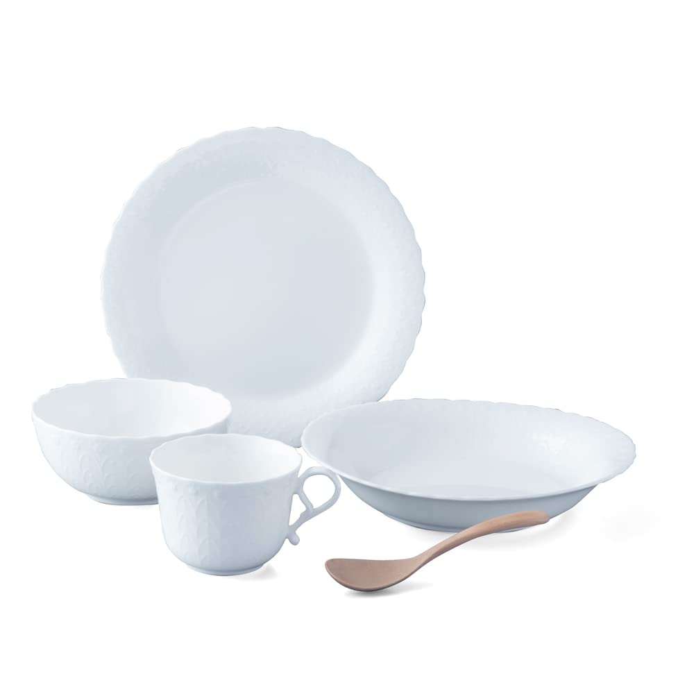 

NARUMI Silky White Dinnerware Set, Cute Relief Design, 5-Piece Set for One, Gift Boxed, 9968-23381