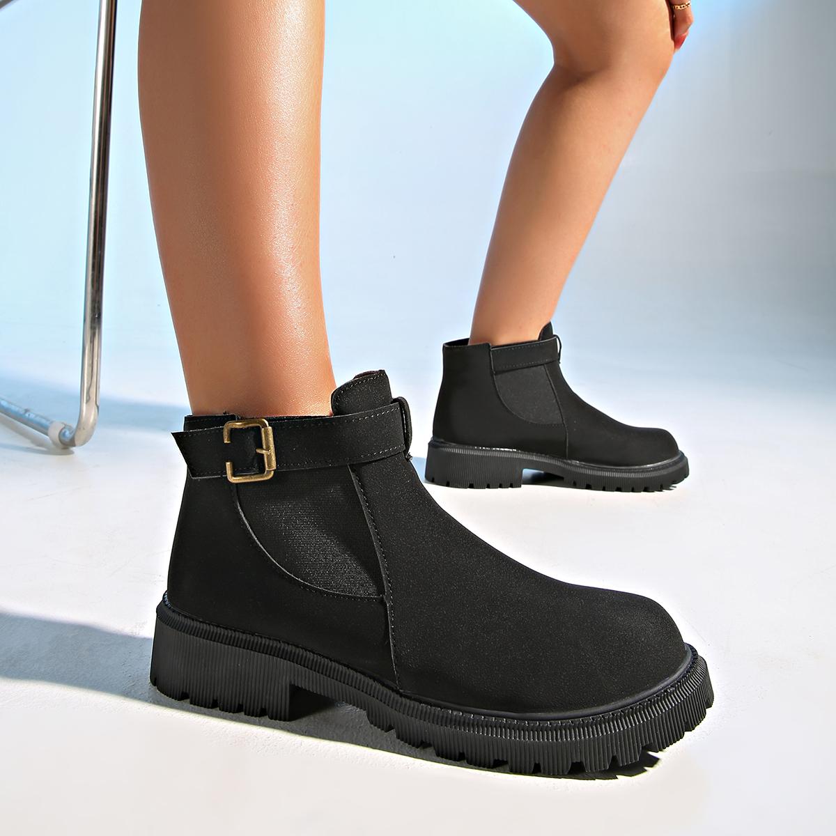 

Fashion 2024 Fashion Buckle Women s Boots Autumn Round Toe Solid Flock Short Barrel Shoes for Women Chunky Heels Large Size Naked Boots 35