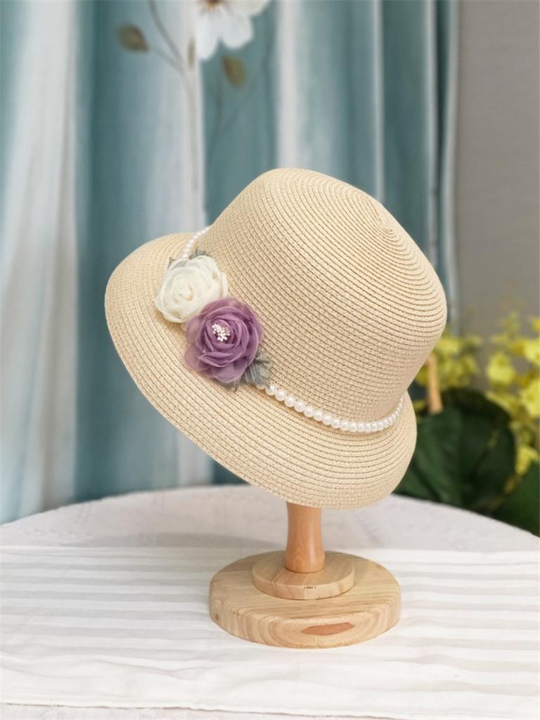 Chic Ins Sommergress Hepburn Elegant Liten Brem Organza Rose Perlekjede Dame Bøttehatt Kvinner Fiskerhatt