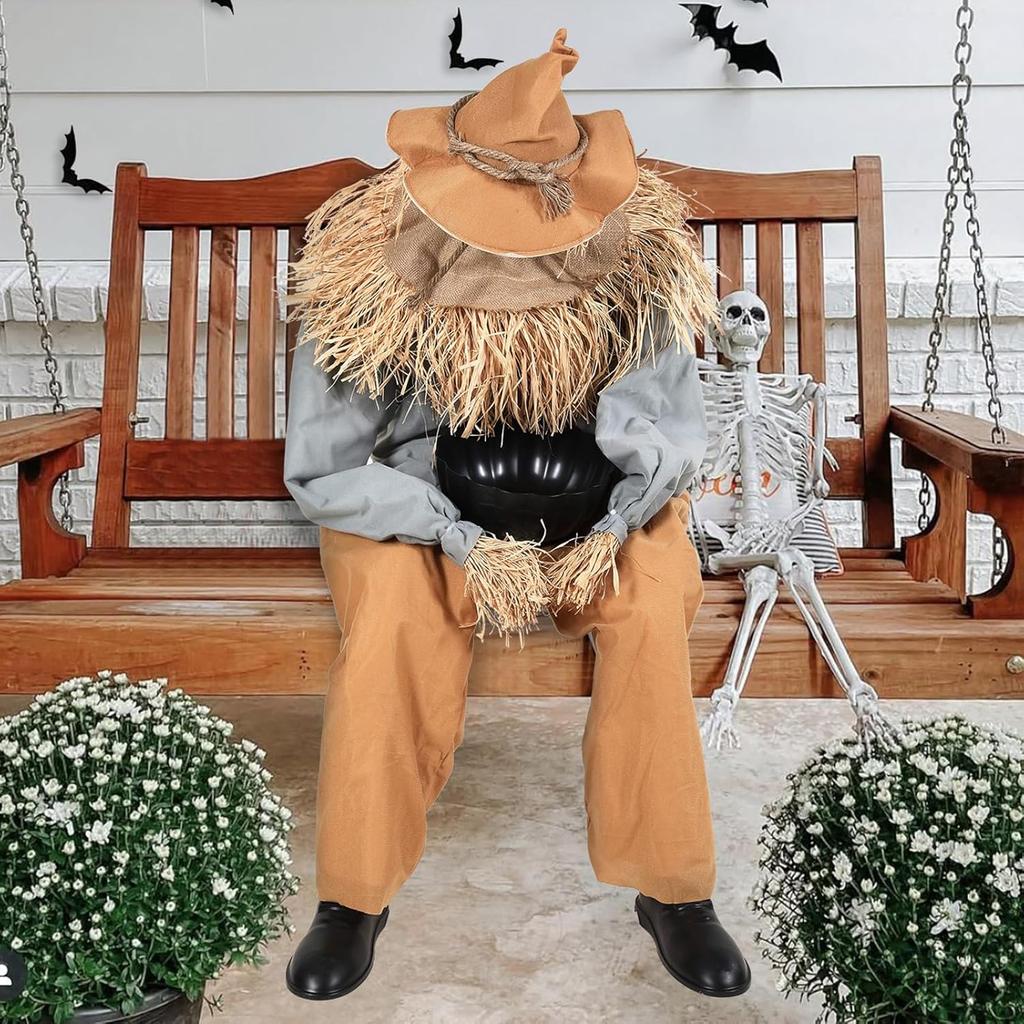 Halloween Decorations Animatronic Scary Sitting Scarecrow with Spooky Sound Glowing Eyes Props Decor for Home Party Indoor Porch Yard Decoration
