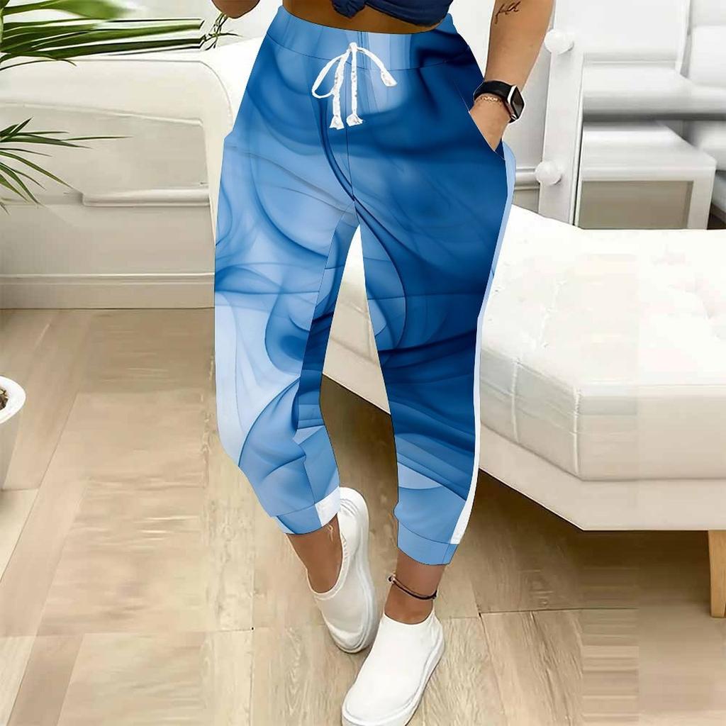 Summer Ladies Tie Dye Splicing Printed Sweatpants Loose Fit Drawstring Joggers Elastic Cuff Daily Casual Pants