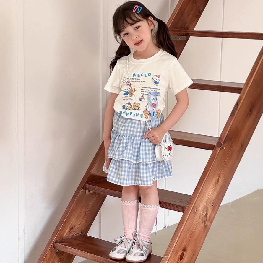 2025 Korean Style Girls' Trendy Plaid Two-Piece Set with Cartoon Short Sleeves