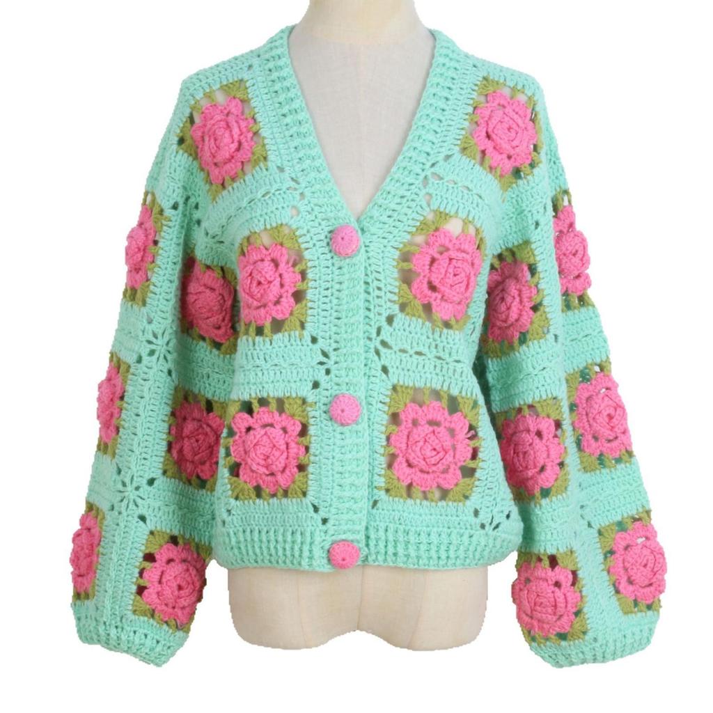 Hand-Crocheted 3D Rose V-Neck Cardigan - Solid Color, Long Sleeve, Openwork Design, Ideal for Spring & Autumn.