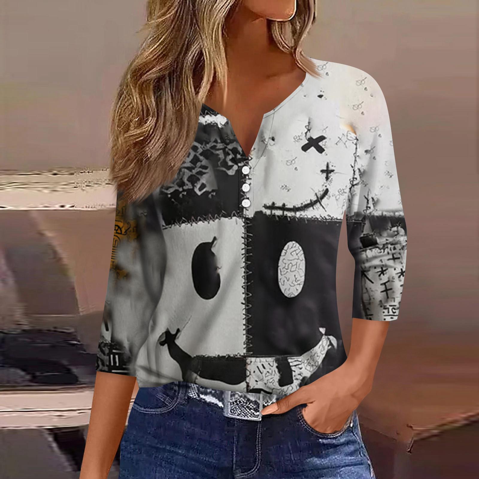

Women s Fashion Button-Up V-Neck Three-Quarter Sleeve Halloween Print Top L