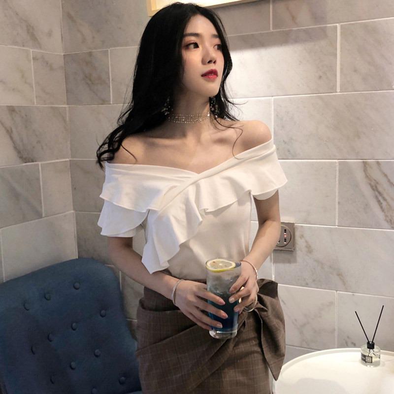 Women's Slash Neck Solid Short Sleeve Slim Ruffles T-Shirt