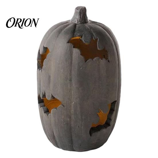 Autumn Festival Decor Halloween Pumpkin Resin Figurine, Bat Hollow Out Lantern with Indoor Outdoor Holiday Props Warm Light, Spooky Home Table