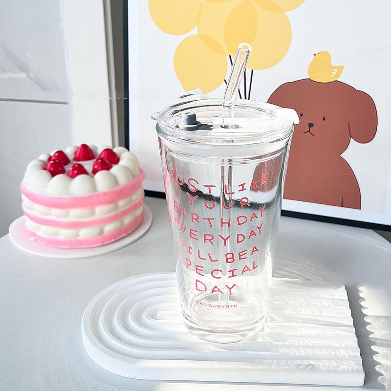 1Pcs Creative Letter Water Cup With Straw And Lid Water Cup Glass Cup Sport Mug Straw Water Cup Breakfast Cup Outdoor Tableware