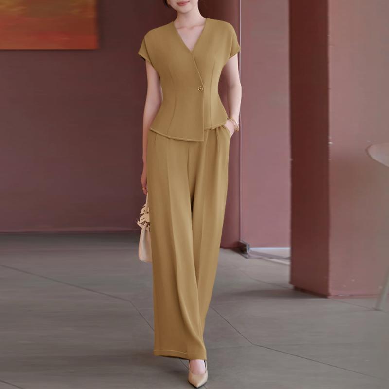 ZANZEA Kadın Kısa Kollu Bluz ve Pantolon Günlük İki Parça Takım Setleri