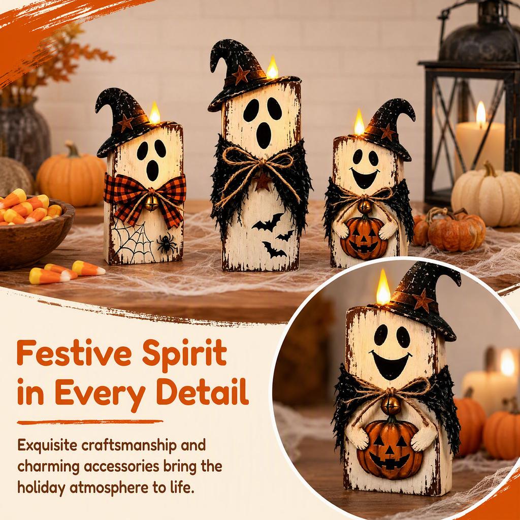 Rustic Farmhouse Wooden Scarecrow Ghost Pumpkin Fall Decor Set Tiered Tray Tabletop Ornament Halloween Thanksgiving