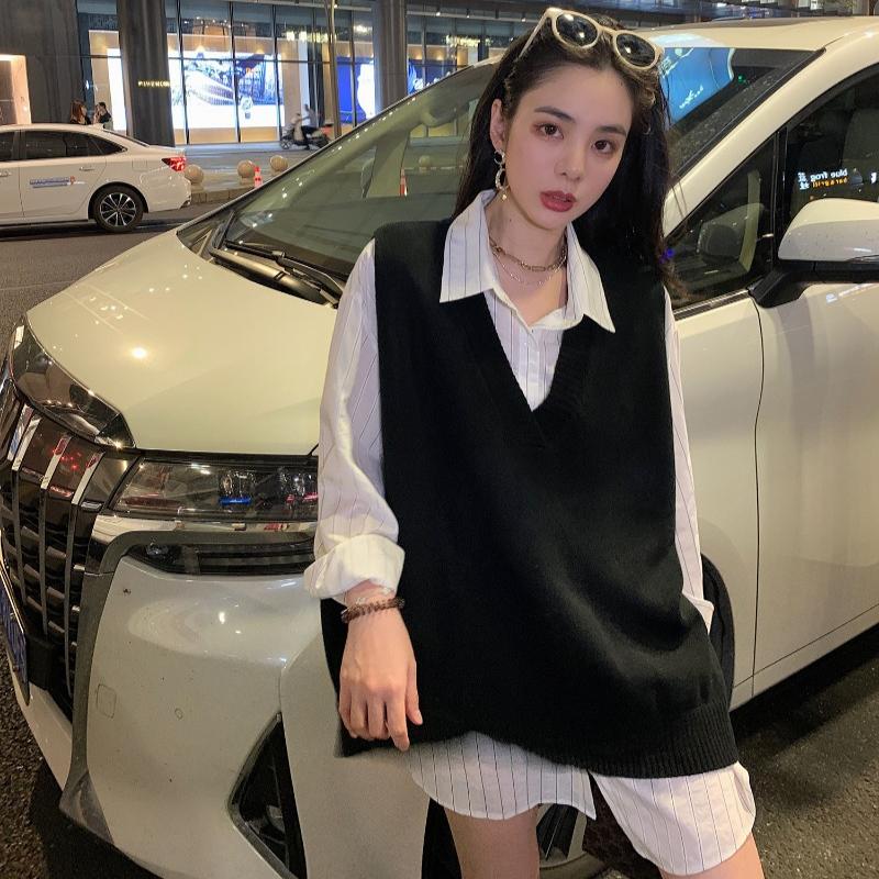 

Осенне-зимний свободный вязаный свитер, жилет для женщин, толстый повседневный свитер без рукавов, жилет для офиса, элегантный однотонный трикотажный жилет 25333 One Size чёрный