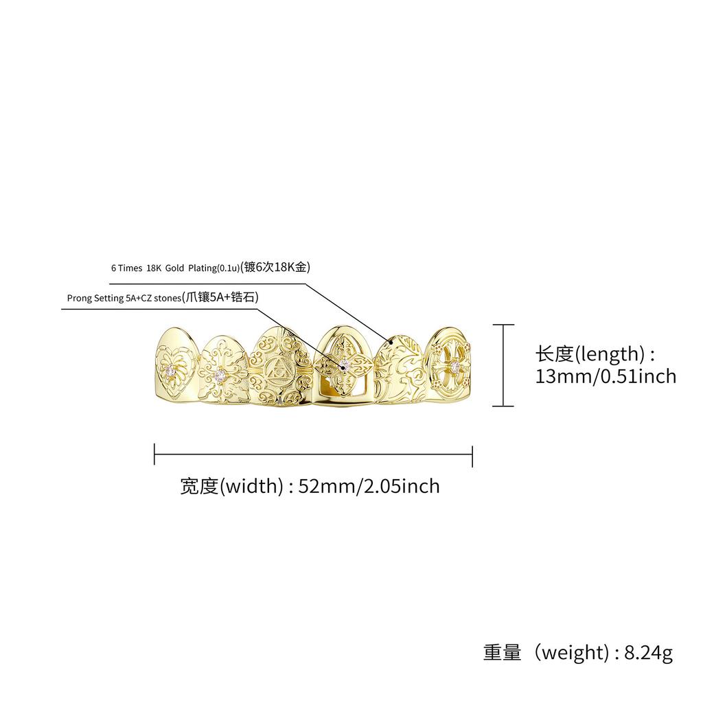 Hot Sale Vintage Carved Brass Full Zircon 6 Teeth Grillz Hip Hop Mouth Jewelry Men Rap Dental Grills