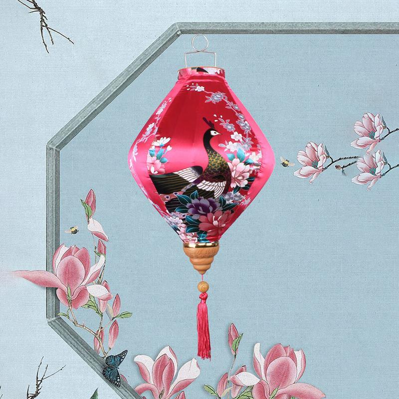 12/14Inch Chinese Traditional Style Silk Lantern Retro Peacock Pattern Hanging Lantern Vietnam Japan Spring Festival Party Decor