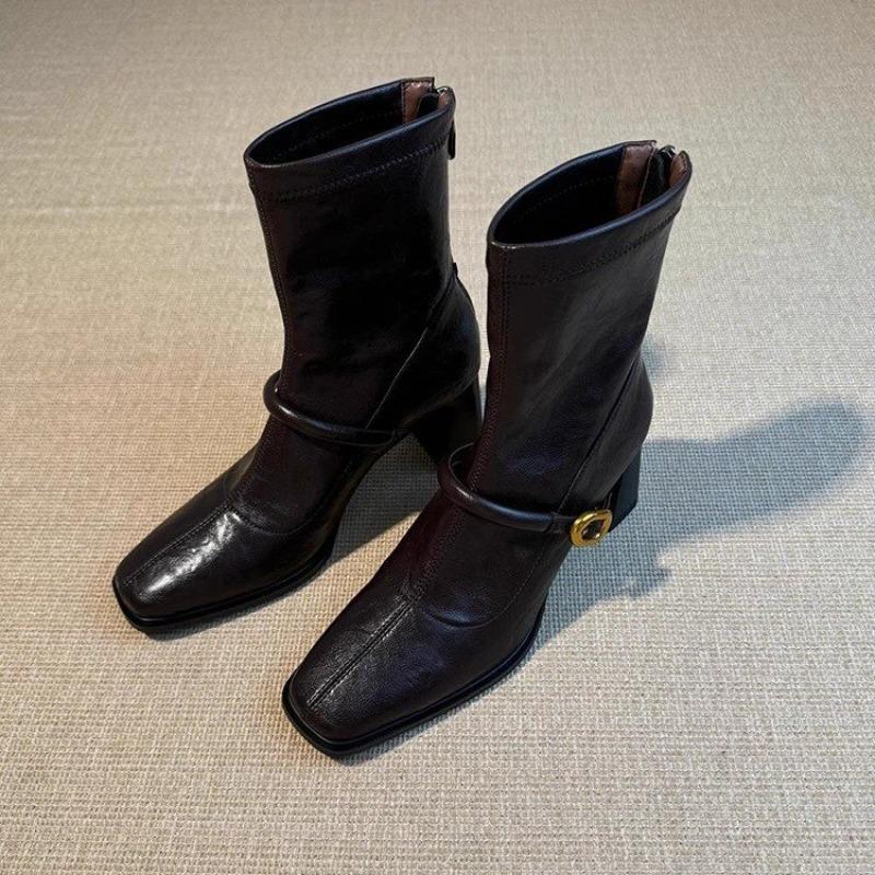 French Retro Two-tone Short Boots for Women 2025 Autumn New Square Toe Rear Zipper Design Thick Heel Short Boots 35-40 Sizes
