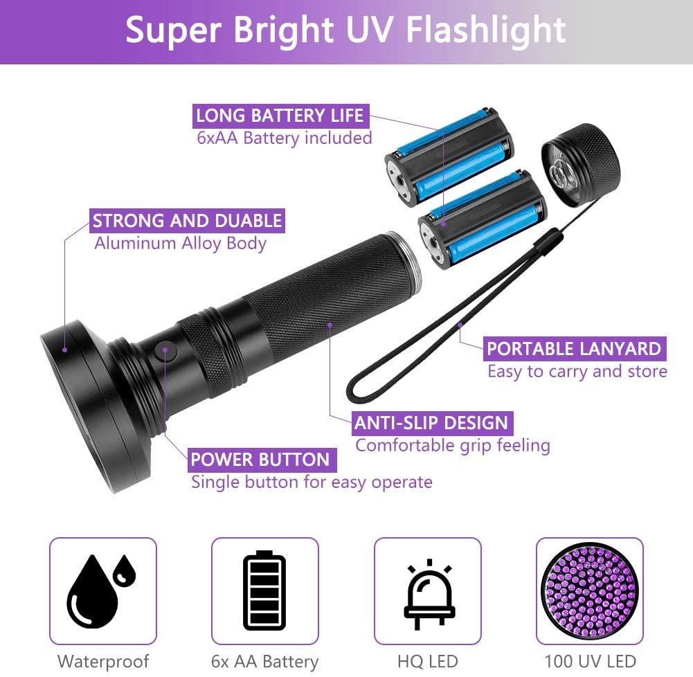 D2 51LED 100Led UV Led Flashlight Torch Black Light UV Lamp UV Black Light Pet Urine Light Detector for Dog/Cat Urine Dry Stains