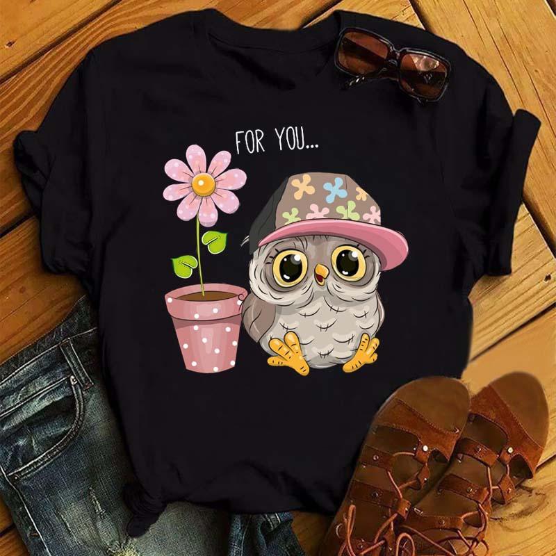 ZX TEE Camiseta de Mujer con Gráfico de Búho Lindo Estampado Harajuku Kawaii Negra Cuello Redondo Manga Corta Top Dibujos Animados Casual Verano Viaje Camiseta